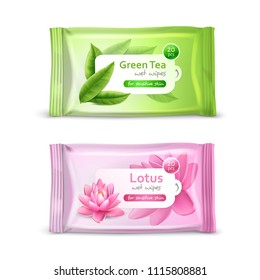 Set of realistic packaging for wet wipes with green tea and lotus flower isolated vector illustration 