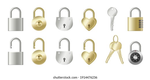 Set of realistic padlocks and keys golden and silver metallic lockers isolated with keyholes, mechanical, on code or heart shaped. 3d Vector illustration