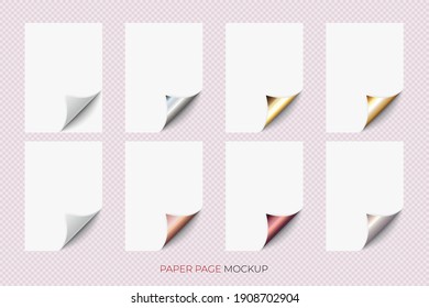 Set of Realistic pages of A4 paper with curled corner on transparent background with a shadow. 3d A4 paper page mockup. White, gold and silver curled corner.