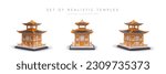 Set of realistic pagodas on white background. Isolated Asian ceremonial houses. Buddhist building of religious purpose. Tall Hindu architectural monument
