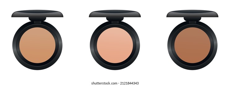 Set of realistic palette of powder or rouge isolated on white background. Decorative cosmetics. Powder, shadows, blush