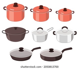 Set of realistic pans and pots. Kitchen utensils, cooking appliances. Collection for chef, cooking lunch and dinner, boiling elements. Volumetric vector illustration isolated on white background