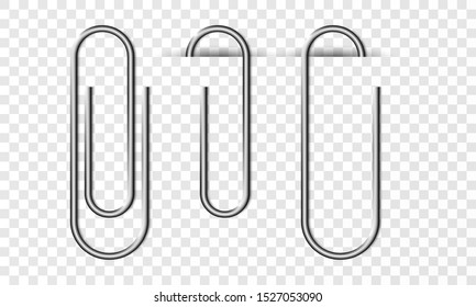 Set of realistic paper clips attachment with shadow isolated on transparent background.