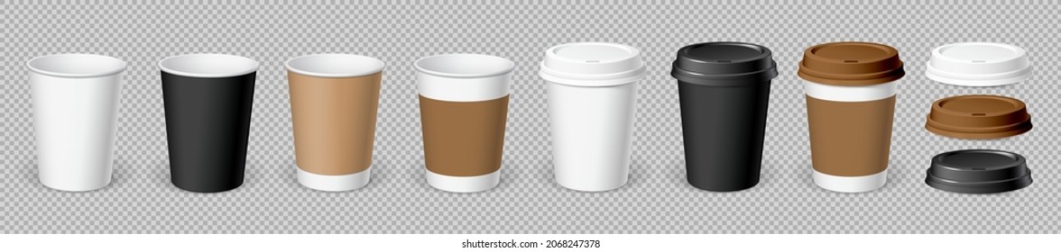 Set of Realistic Paper Coffee Cups. Glasses with and without lids. 3d mock up for brand template. vector illustration.