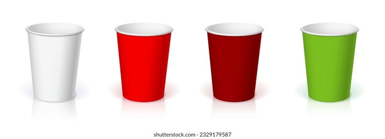 Set of Realistic Paper Coffee Cups. Cups different color, white red brown and green. 3d mockup for brand template. vector illustration.