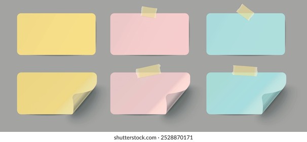 Conjunto de etiquetas de papel realistas com três cores e fita adesiva no fundo transparente.