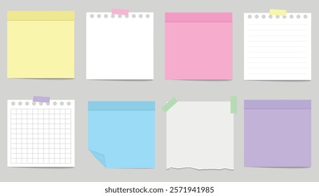 Set of realistic paper for notes. A collection of paper notes with lines, torn edges, sticky notes. A square sheet of paper for notes and reminders.