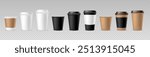 Set of realistic paper and plastic coffee cups in different colors. Front view. Vector 3D mockup of disposable closed and opened hot drinks cups and mugs in white, black and brown colors.