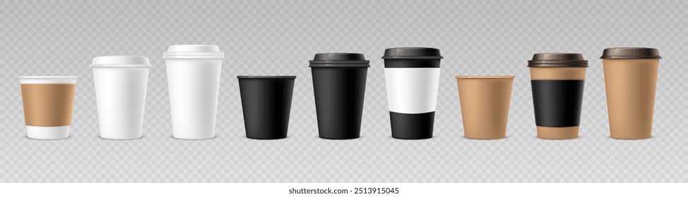 Set of realistic paper and plastic coffee cups in different colors. Front view. Vector 3D mockup of disposable closed and opened hot drinks cups and mugs in white, black and brown colors.