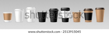 Set of realistic paper and plastic coffee cups in different colors. Front view. Vector 3D mockup of disposable closed and opened hot drinks cups and mugs in white, black and brown colors.