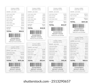 Set Realistic paper shop receipt with barcode. Payment paper bills for cash or credit card. Vector illustration.