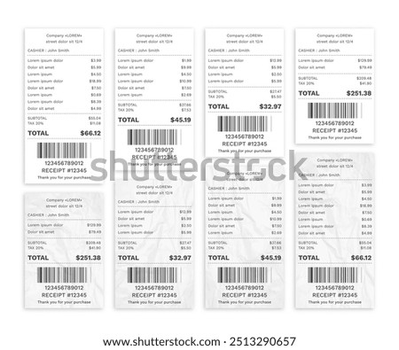 Set Realistic paper shop receipt with barcode. Payment paper bills for cash or credit card. Vector illustration.