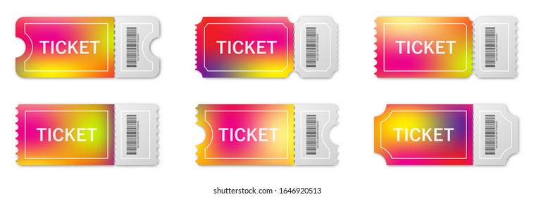 Set of realistic paper tickets with shadow. Blank ticket templates. Colorful templates ticket isolated. Vector illustration.