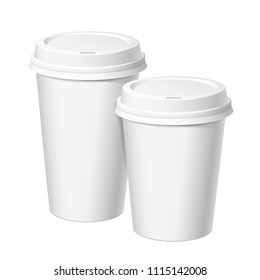 Set of Realistic Paper White disposable cups with a lid. For various hot drinks, coffee, cappuccino, tea. Standard size and large. Layout for the brand template. Vector illustration.