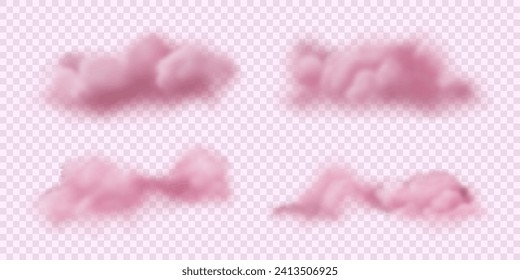 Set of realistic pastel colored pink clouds. Fluffy liquid sky icons isolated on transparent backdrop