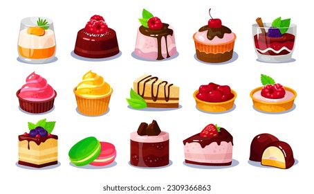 Set of realistic pastry and dessert icons isolated on white background for game design. Tasty sweets for game collection: ice cream, macaroon, muffin, pudding, cake. Cartoon vector illustration.