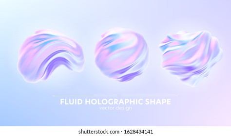 Set of  realistic pattern with holographic 3d shape on blue background for banner design. Fluid shape Rainbow background. Fluid holographic pattern. Vector illustration EPS10