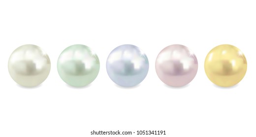 Set of realistic pearls of different colors. Collection of jewelry gems isolated on white background. Vector eps10