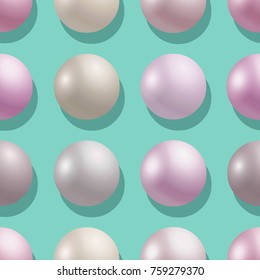 Set of realistic pearls with shadows isolated on green background. Vector seamless pattern of pearls. 3D pink, silver and white beads. Celebratory Design, Wedding theme. Jewelry background, texture