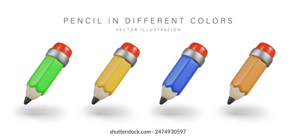 Conjunto de lápices realistas de diferentes colores. Objetos vectoriales en posición inclinada