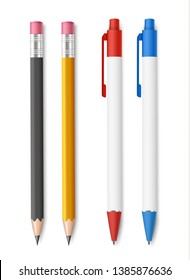 Set of realistic pencils with eraser and blue and red pens isolated on white background