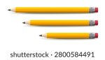 Set of realistic pencils with erasers in different lengths. Classic stationery collection isolated on white background for school, office and creative projects.