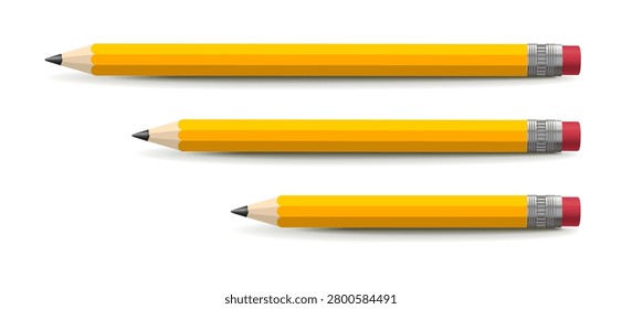 Set of realistic pencils with erasers in different lengths. Classic stationery collection isolated on white background for school, office and creative projects.
