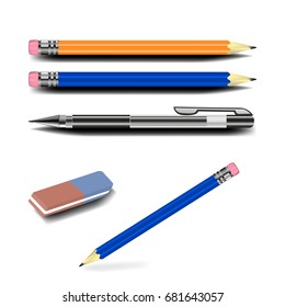 Set of realistic pencils and pen, vector isolated on white background
