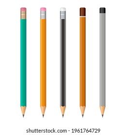 Set of realistic pencils with rubber eraser and without. Different wooden graphite sharp pencils. Sharpened lead pencils. Office stationery tools. Vector illustration.