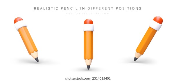 Set von realistischen Stiften mit Schatten. Schulbedarf und Bürobedarf, Schreibwaren. Gelbe Stifte mit Radiergummi auf weißem Hintergrund. Vektorbilder, Symbole für den Bildungsprozess