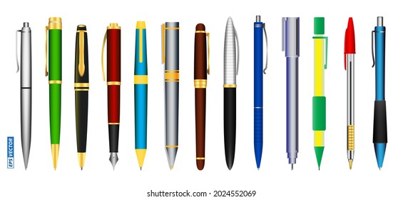 set of realistic pens isolated or various fountain pens and spring mechanical pens or office stationery collection and back to school concept. eps vector