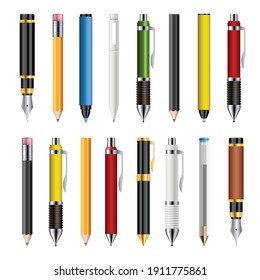 Set of realistic pens and pencils vector illustration isolated on white