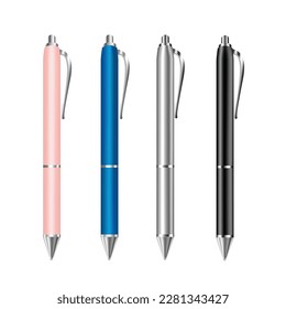 Set of realistic pens vector, colorful pen. Corporate pen design. Pink, blue pen, grey, black. 
