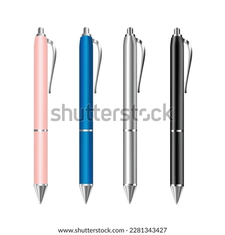 Set of realistic pens vector, colorful pen. Corporate pen design. Pink, blue pen, grey, black. 