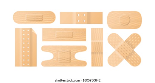 Set of realistic perforated plaster patch or tape vector illustration. Collection of first aid elements or sterile medical skin protector isolated on white. Adhesive dressings for wounds and injuries