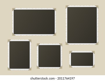 Set of realistic photo blank with frame attached to album page vector illustration. Collection of black snapshot photography with curve ornamental border isolated. Vintage photograph memory card