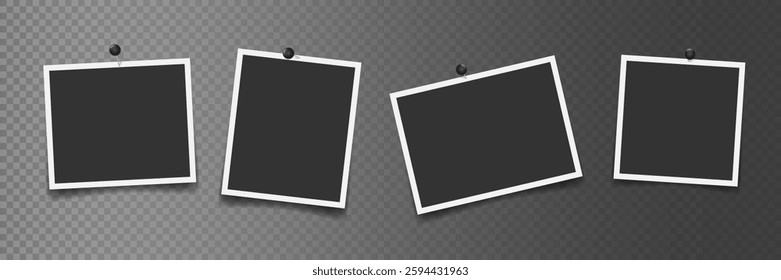 Set of realistic photo frames with with black push pins on transparent background. Minimalist vector mockup. Template for collage, photo album, social media post, poster, portfolio