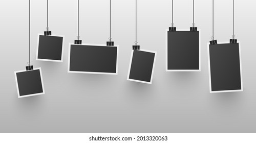 Set of realistic photo frames hanged on clothespin vector illustration. Collection creative memory card design template isolated. Hanging on string picture page with frame layout. Empty paper mockup