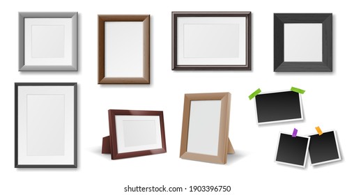 Set of realistic photo frames. Rectangle plastic or wooden picture frames collection isolated. 3d templates for interior design. Empty frames mockup. Vector illustration