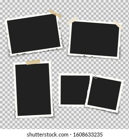 Set Of Realistic Photo Frames With Retro Shapes Around The Edges, On Brackets And Pieces Of Sticky Adhesive Tape And Scotch Tape. Vector Illustration.