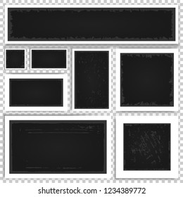 Set of realistic photo frames with shadows isolated on transparent background. Old empty square and rectangle framework. Vector