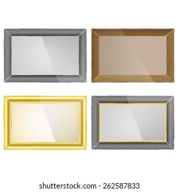 Set realistic photo frames, wood, chrome, gold, vector illustration