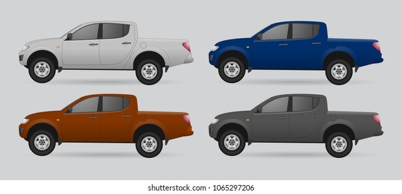 Set of realistic pick up car Realistic model. The ability to easily change the color. vector pick up truck car illustration. Side view. Different body color. Auto service set Repair pick up truck car

