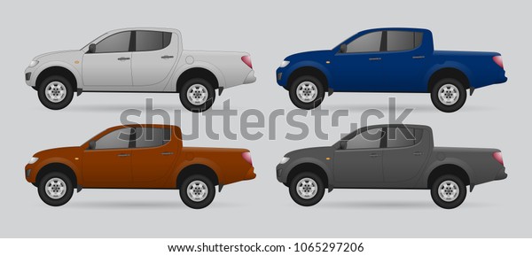 Set of realistic pick up car Realistic model. The\
ability to easily change the color. vector pick up truck car\
illustration. Side view. Different body color. Auto service set\
Repair pick up truck car\
