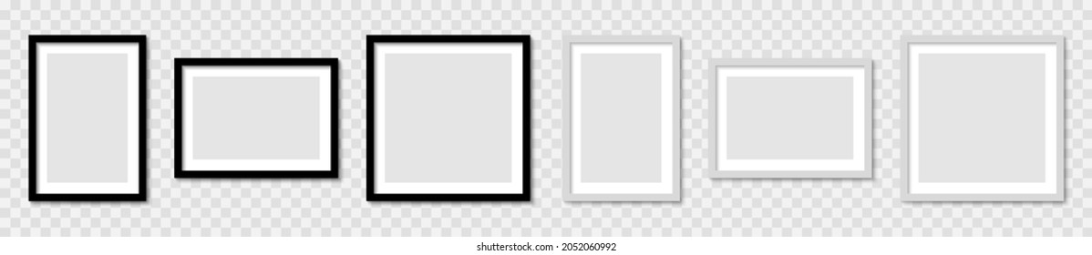 Set realistic picture photo frame mockup, wall presentation, frame with shadow, blank frame border mockups, isolated pictures frames mock-up in different forms - stock vector