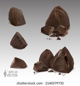 Set of realistic pieces of broken chocolate, chocolate chips, closeup, cocoa, sweets, 3d vector illustration