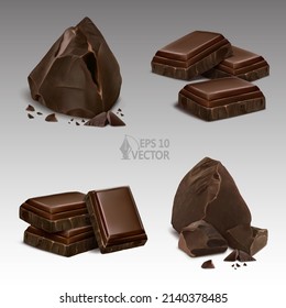 Set of realistic pieces and slices of chocolate. Dark chocolate, broken crumbs, 3d vector illustration