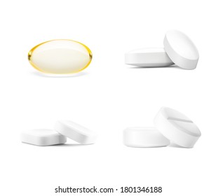 Set of realistic pill mock-ups of different shapes. Vector illustration isolated on white background. Can be used for medical and cosmetic. EPS10.	