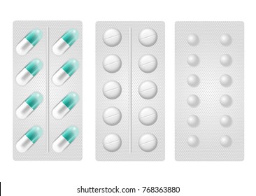 Set of realistic pills in blister pack. Collection of tablet strips isolated on the white background. Pills in different forms and shapes. Medicine and drugs vector illustration.