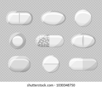 Set of realistic pills blisters with tablets and capsules. Plastic package with medical drugs. Vector mockups isolated on white background. 